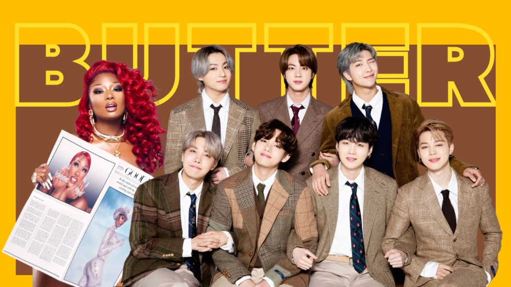 Edit of BTS members sitting next to Megan Thee Stallion with "Butter" behind them