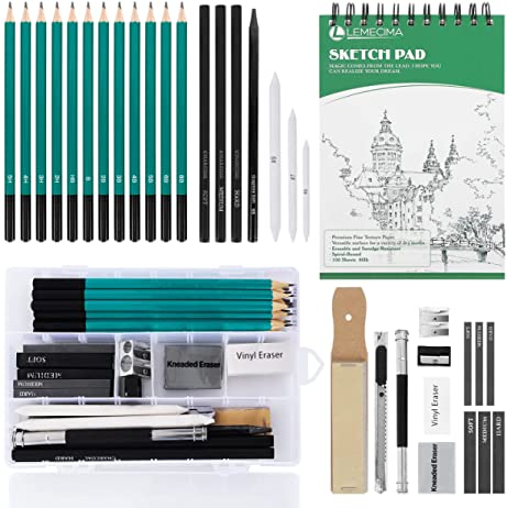 A set of drawing kit with pencils, pens, chalks, a sketch pad, erasers, and sharpeners.
