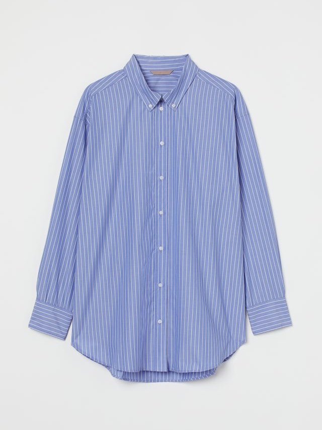 A plus-size long-sleeved buttoned shirt with blue and white stripes.