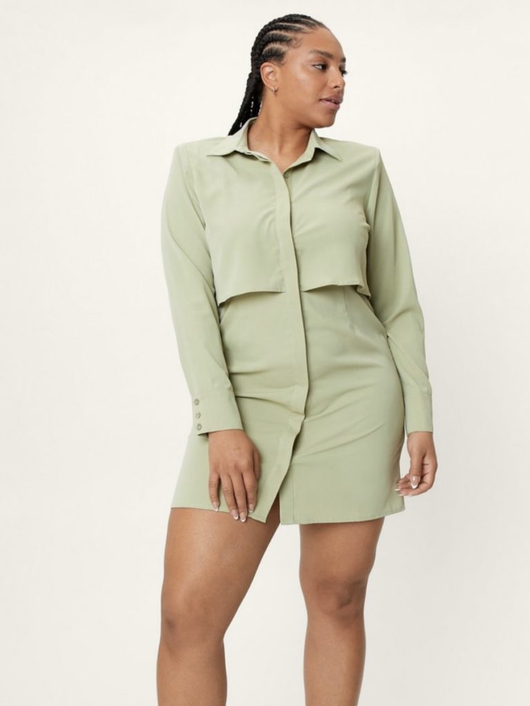 A button-down, long-sleeved sage green mini dress.