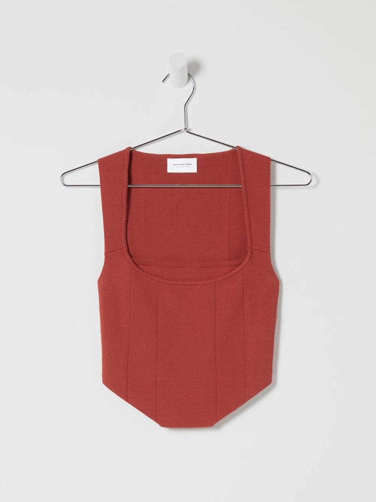 A red sleeveless, square neck tanktop.