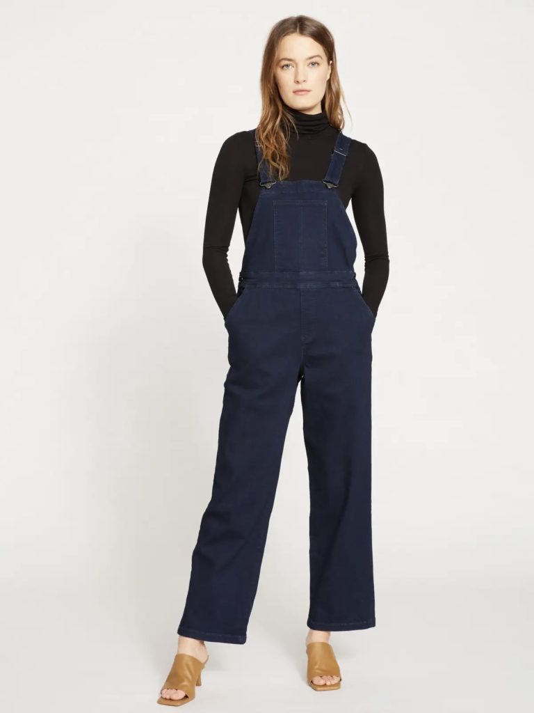 A dark blue denim overalls.