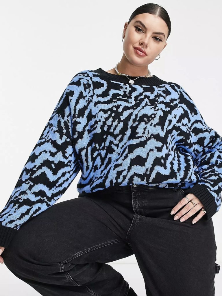 A blue and black jacquard-patterned pullover.
