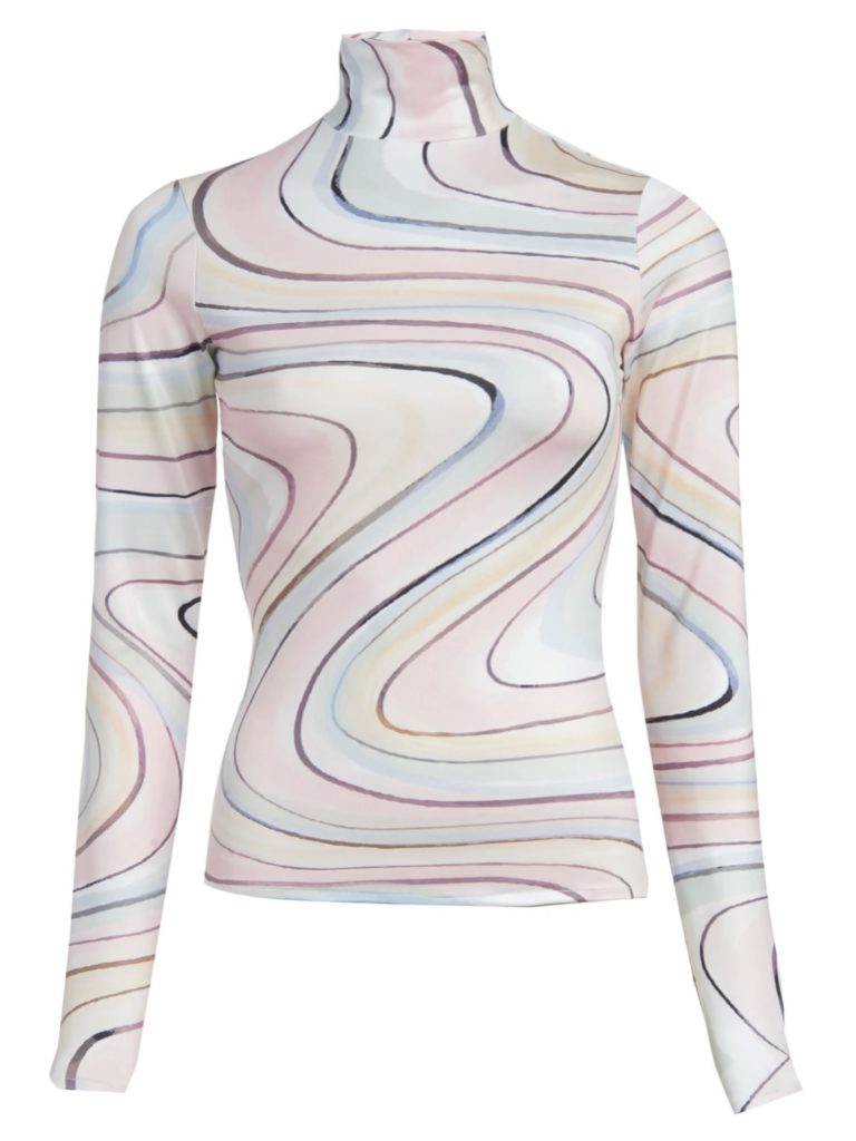 A white turtleneck with colorful swirl patterns.
