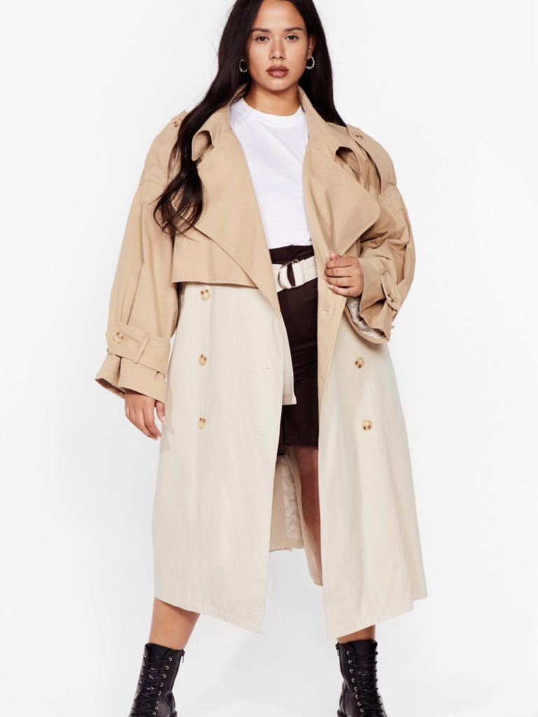 A plus-sized two-tone trench coat.