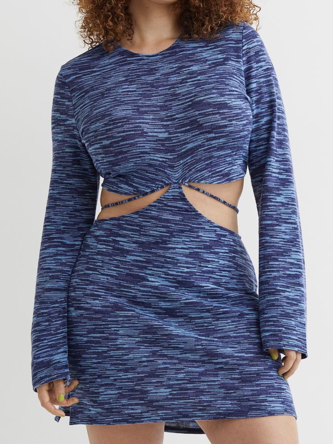 A dark blue dress with a hip cutout.