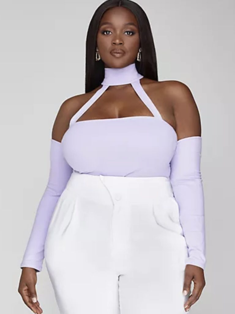 A plus-sized light purple top with shoulder cutouts.