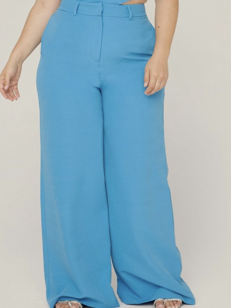 A plus-sized light blue leg-wide pants.