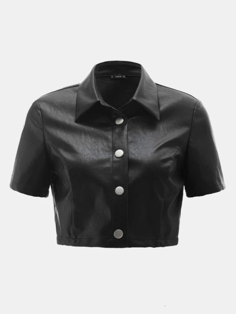 A black short-sleeved collared shirt with buttons