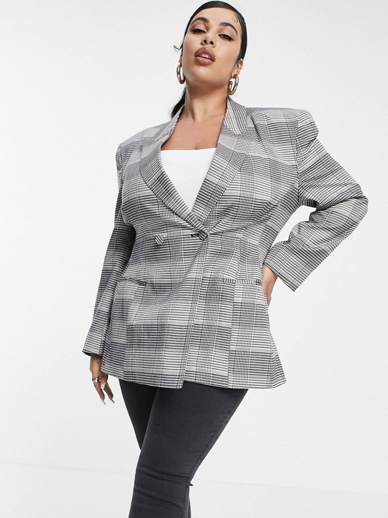 A gray checkered pattern blazer.