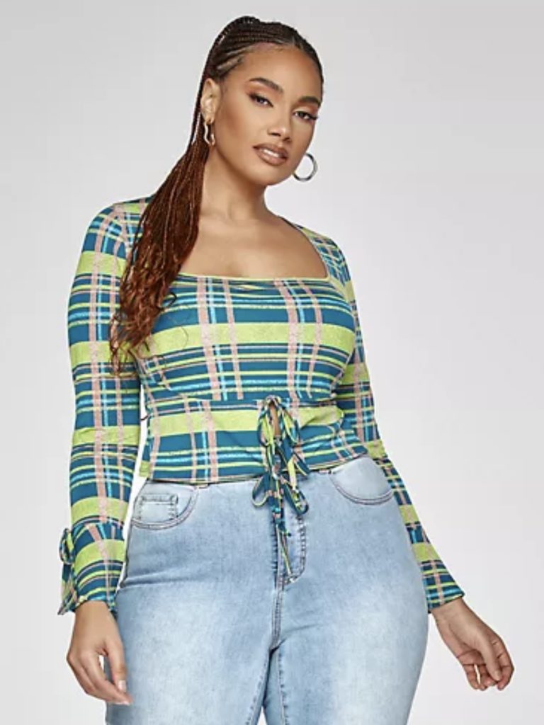 A blue and green plaid top with a square neck.