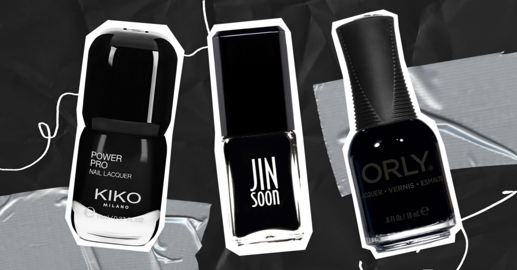 Black manicures, nail polish bottles