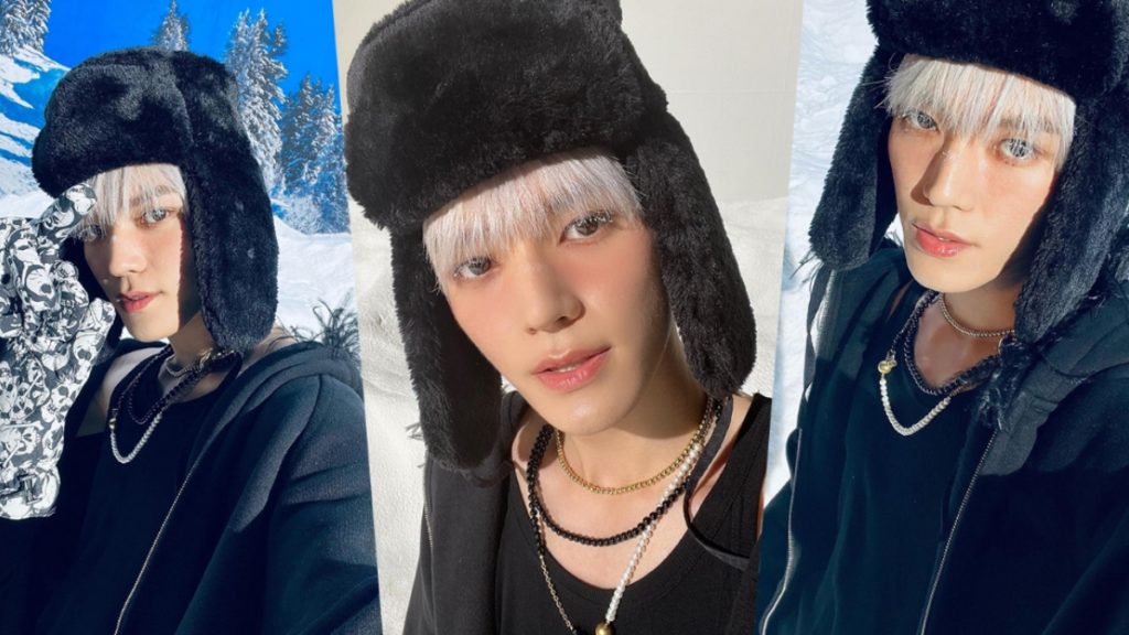 A three-picture collage of NCT's Taeyong putting on cold makeup.