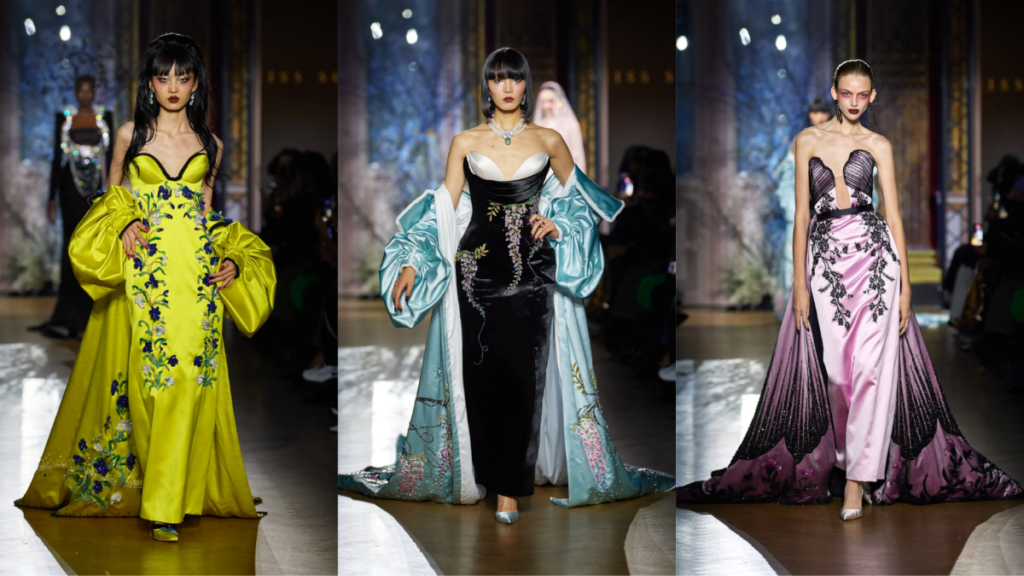 Three dresses in olive green, black, and light pink respectively by Miss Sohee for her Paris Couture Week debut.