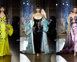 Three dresses in olive green, black, and light pink respectively by Miss Sohee for her Paris Couture Week debut.