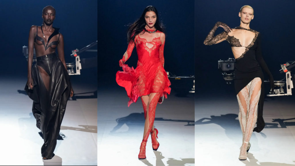 Three looks from the Mugler show in Paris Couture Week 2023.