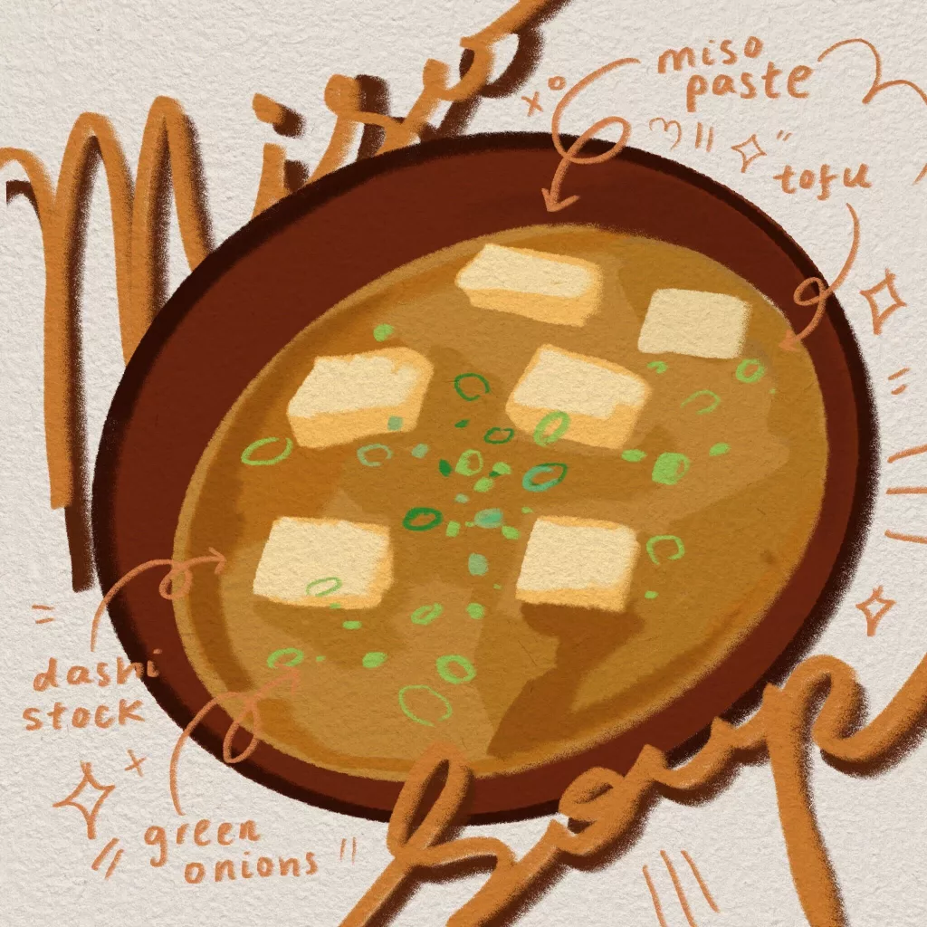Winter Recipes #1: Digital art of miso soup with miso paste, tofu, dashi stock, and green onions. 