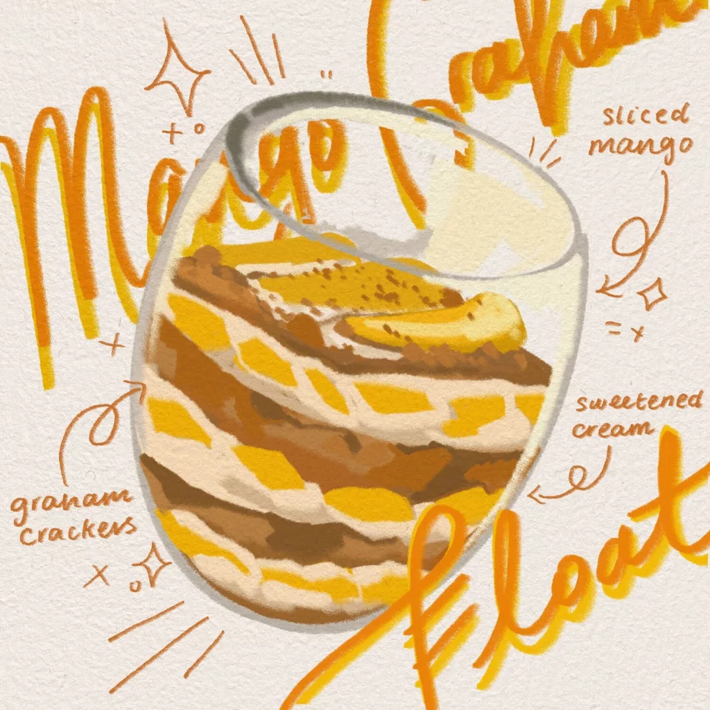 Winter recipes - a doodle of mango graham float with sliced mangoes and graham crackers.