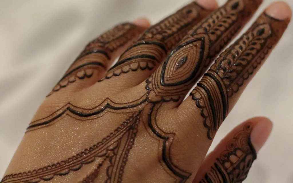 Close up of a hand decorated with henna art.