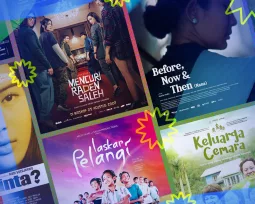 A collage of the posters for 8 Indonesian movies recommended in this article, spread diagonally and surrounded by a transparent blue border.