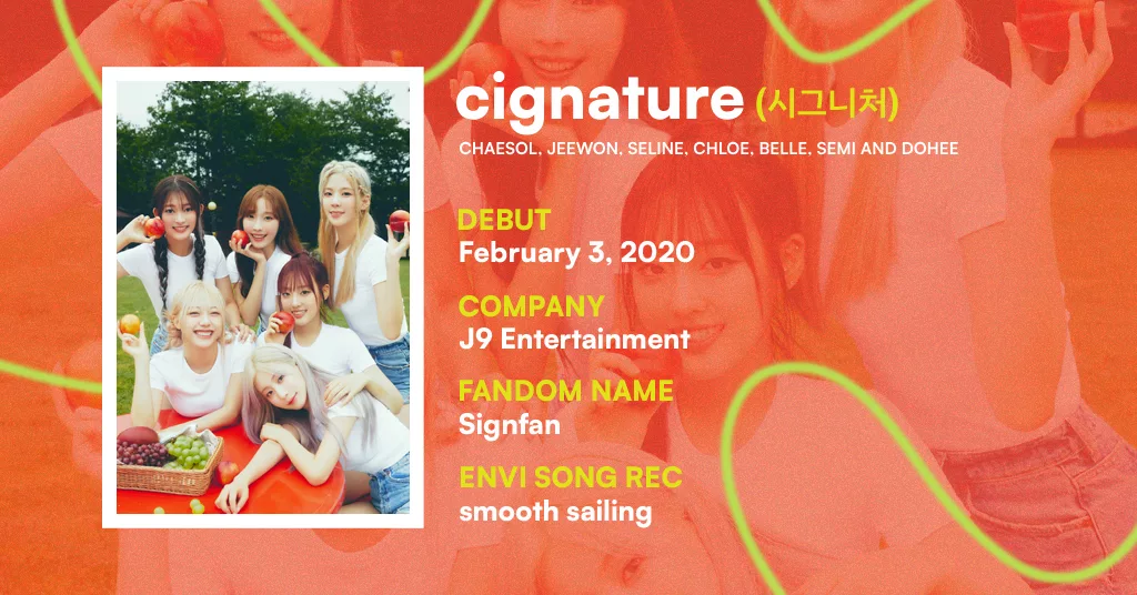 cignature profile card. Members: Chaesol, Jeewon, Seline, Chloe, Belle, Semi, and Dohee. Debut: February 3, 2020. Company: J9 Entertainment. Fandom name: Signfan. EnVi song rec: "smooth sailing". 