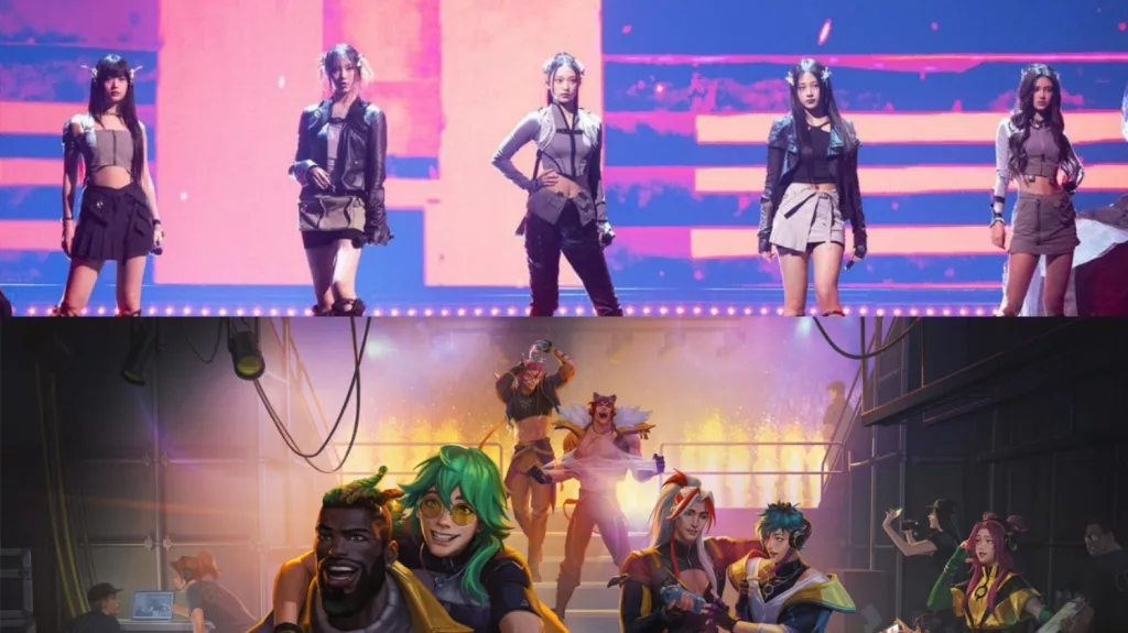 NewJeans (top) and HEARTSTEEL (bottom) performing at the opening of the League of Legends World Championship Final 2023