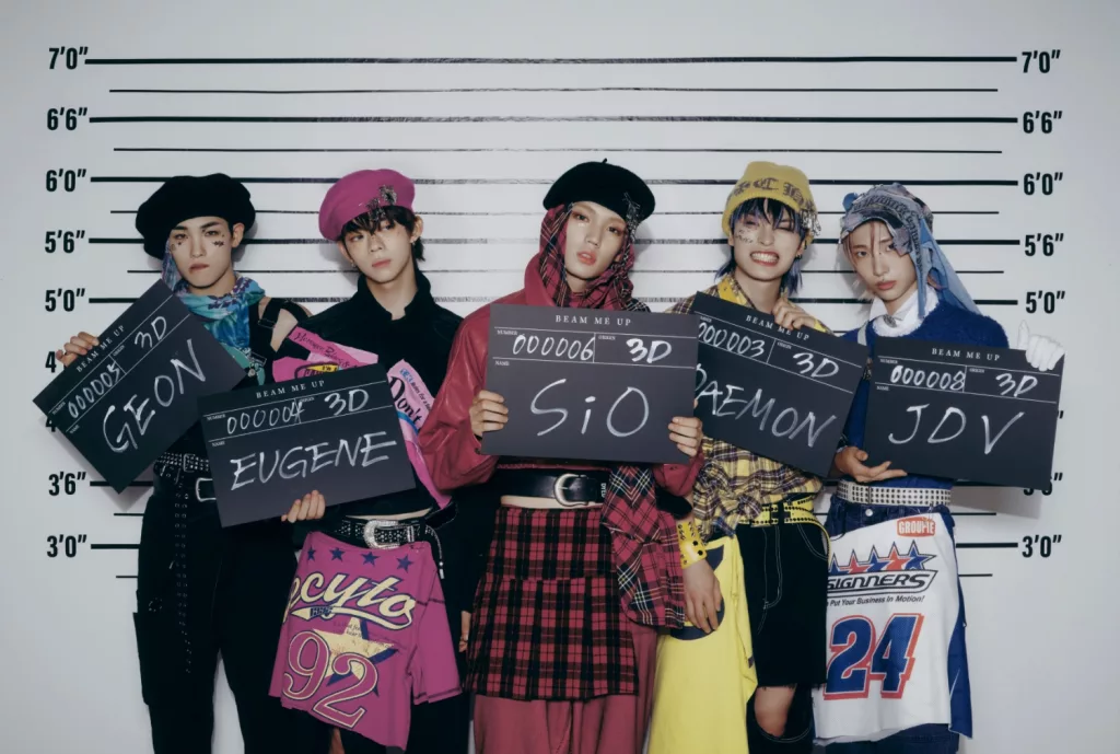 SUPERKIND's PRID unit posing as criminals in a concept photo. Left to right: Geon, Eugene, SiO, Daemon, and JDV.