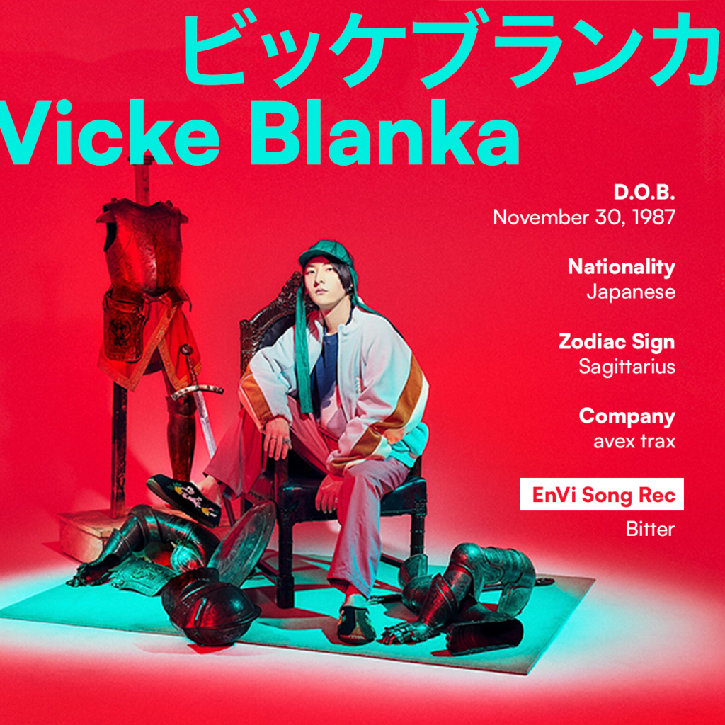 Vicke Blanka profile card. Date of birth: November 30, 1987. Nationality: Japanese. Zodiac sign: Sagittarius. Company: avex trax. EnVi Song Rec: Bitter.