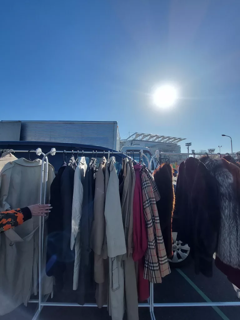 Secondhand clothes lined up in Oi Racecourse Flea Market, Tokyo