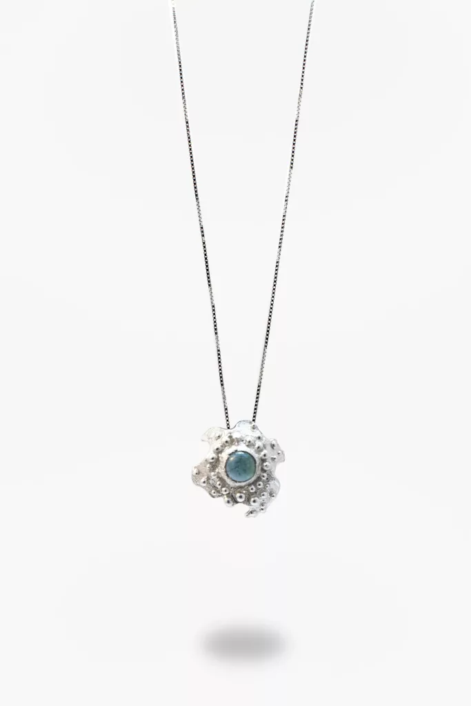 Silver Flower Pendant with Teal Tourmaline