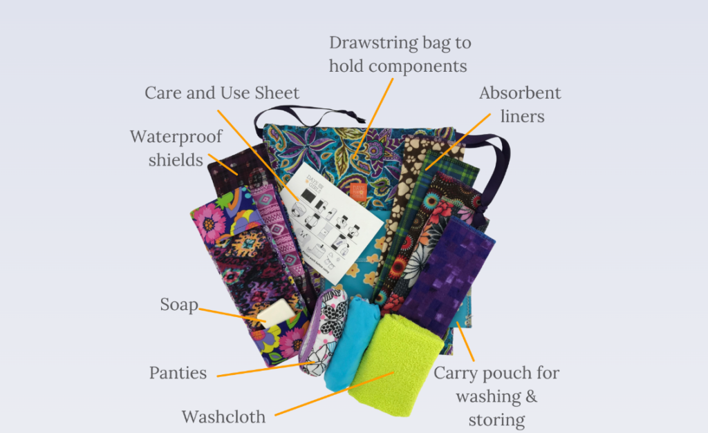 Days of Girls DIY pad kit, consisting of abosrbent liners, soap, panties, washcloth, carry pouch for washing and storing, waterproof shields, care and use sheet, and a drawstring bag to hold the components. 